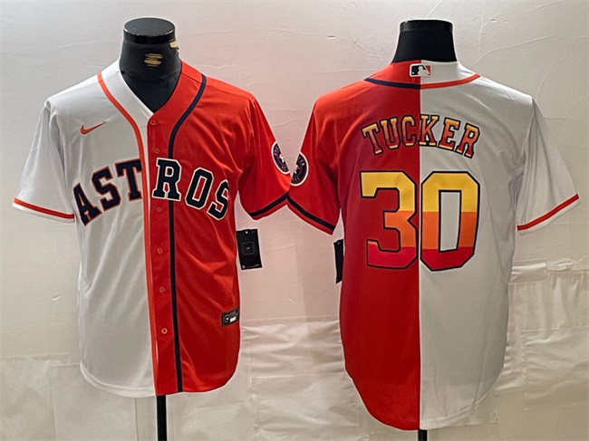 Men's Houston Astros #30 Kyle Tucker White/Orange Split With Patch Cool Base Stitched Baseball Jersey